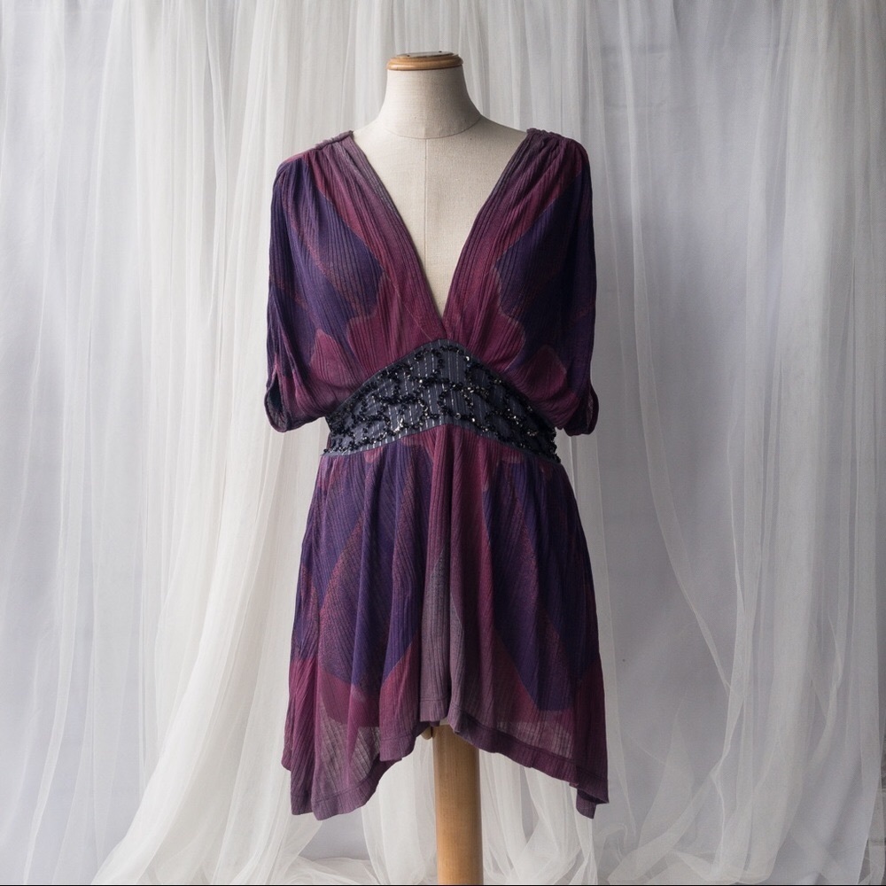 FREE PEOPLE Women's Small 100% Modal Purple/Pink Gray Top with Waist Detail